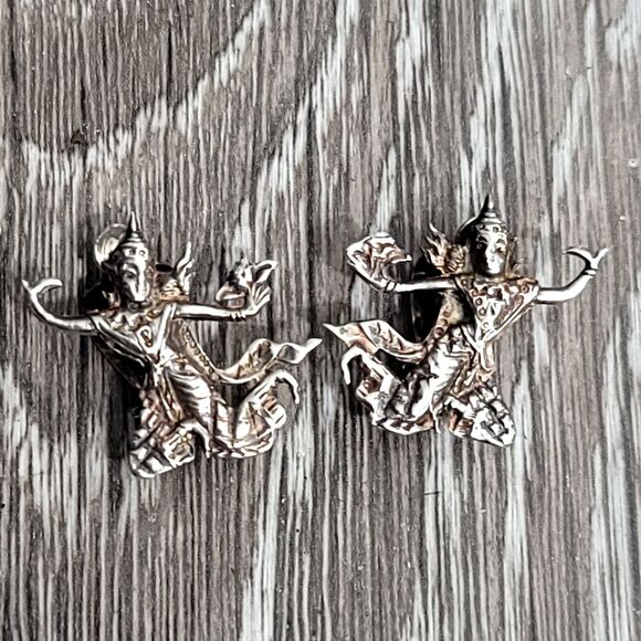 925 Sterling Silver Vintage Siam Thai Dancer Clip On Earrings - Picture 7 of 7